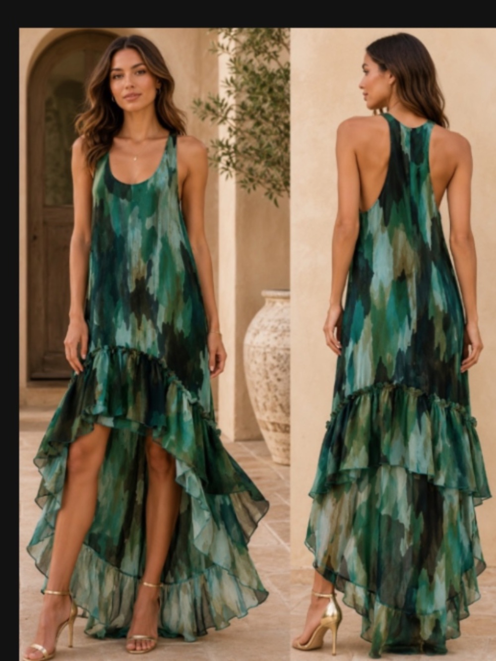 Ramona LaRue Watercolor Chiffon High Low Maxi Dress Green XS/S